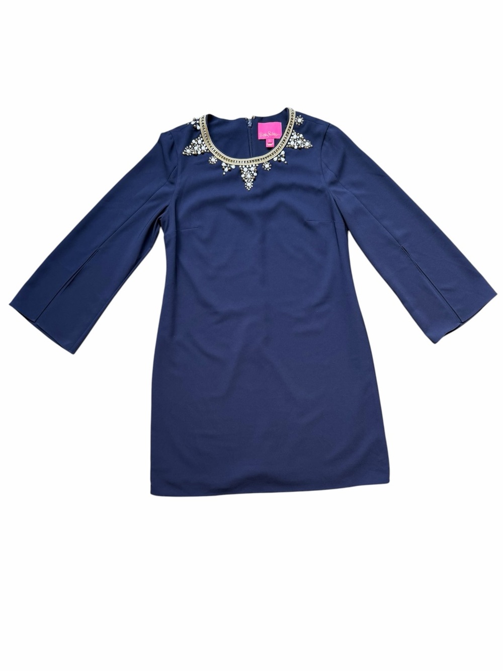 Lilly Pulitzer Anastasia Navy Blue Beaded Neckline Split Sleeve Mini Dress